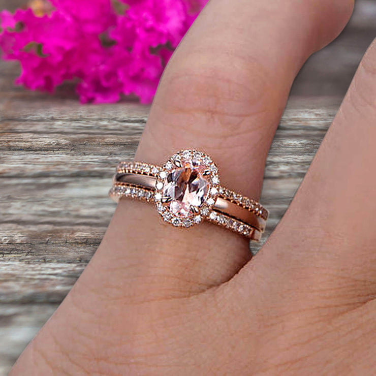 3Pcs 1.75 Carat 10k Rose Gold Morganite Engagement Ring Set Wedding Set Promise Ring for Bride Oval Cut Gemstone Pink Morganite Anniversary Ring