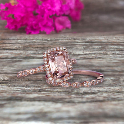 Bridal Set Cushion Cut Morganite Engagement Ring Set On 10k Rose Gold Art Deco Style Anniversary Gift