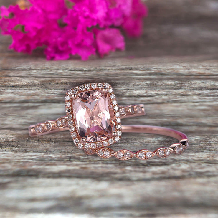 Bridal Set Cushion Cut Morganite Engagement Ring Set On 10k Rose Gold Art Deco Style Anniversary Gift