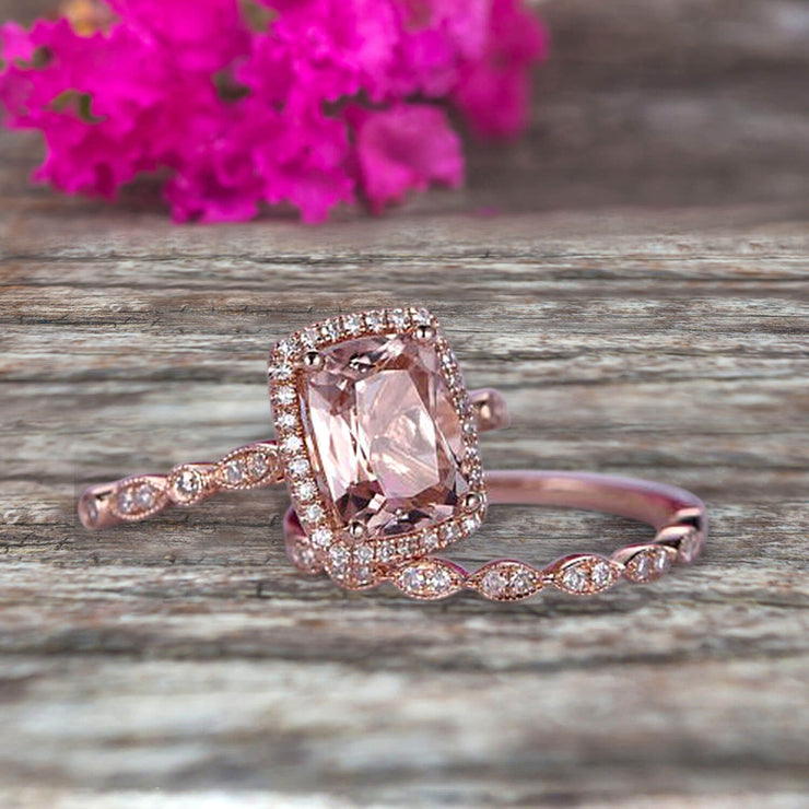 Bridal Set Cushion Cut Morganite Engagement Ring Set On 10k Rose Gold Art Deco Style Anniversary Gift