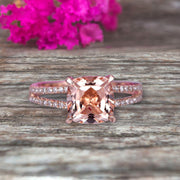 Cushion Cut 1.25 Carat Morganite Engagement Ring Promise Ring 10k Rose Gold Stacking Band Art Deco Anniversary Gift