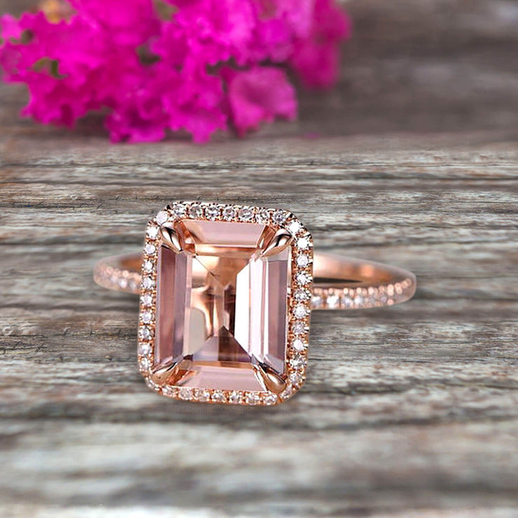 Flaming Emerald Cut 1.50 Carat Morganite Engagement Ring Wedding Ring Solid 10k Rose Gold Promise Ring Custom Made Sparkling Jewelry Halo Art Deco