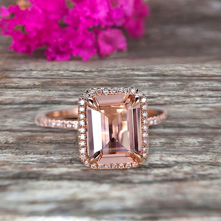 Flaming Emerald Cut 1.50 Carat Morganite Engagement Ring Wedding Ring Solid 10k Rose Gold Promise Ring Custom Made Sparkling Jewelry Halo Art Deco