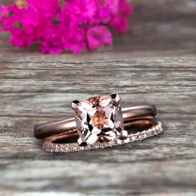 Shining Bridal Set Cushion Cut Gemstone 1.25 Carat Morganite Engagement Ring Set Handmade Solid 10k Rose Gold Art Deco