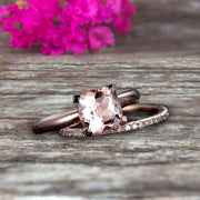 Shining Bridal Set Cushion Cut Gemstone 1.25 Carat Morganite Engagement Ring Set Handmade Solid 10k Rose Gold Art Deco