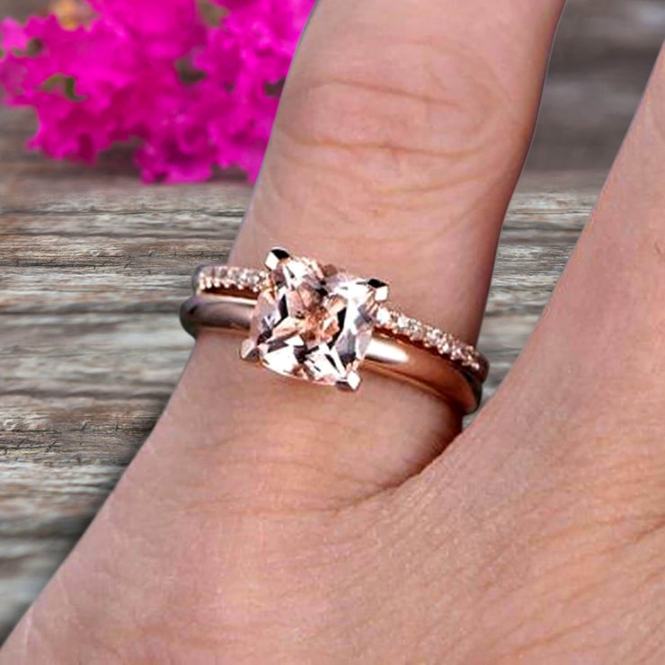 Shining Bridal Set Cushion Cut Gemstone 1.25 Carat Morganite Engagement Ring Set Handmade Solid 10k Rose Gold Art Deco