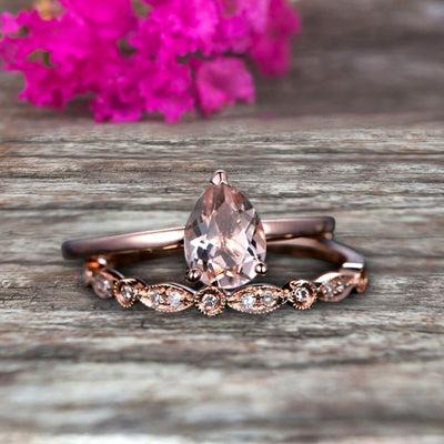 Morganite Engagement Ring Set Handmade Solid 10k Rose gold 1.25 Carat Pear Shape Gemstone Promise Ring Bridal Ring set Wow Sparkling