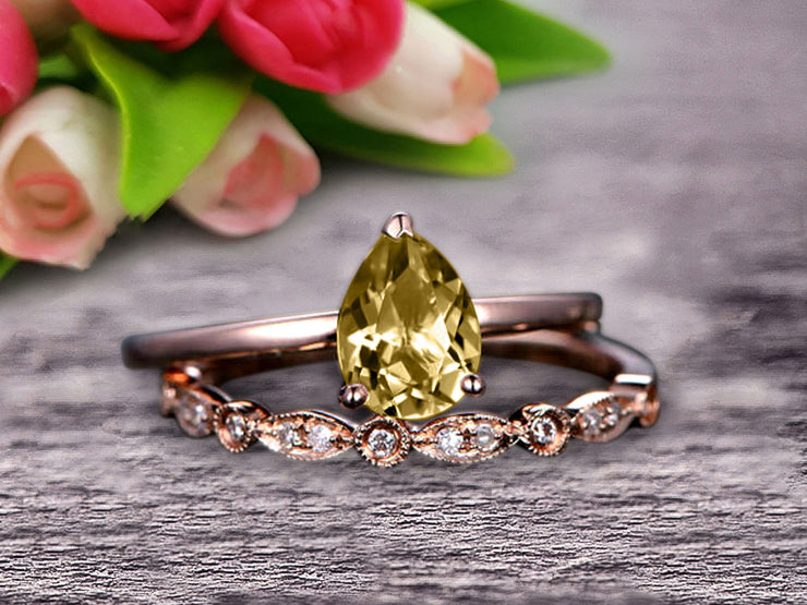 Champagne Diamond Moissanite Engagement Ring Set Handmade Solid 10k Rose gold 1.25 Carat Pear Shape Gemstone Promise Ring Bridal Ring set Wow Sparkling