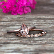 Morganite Engagement Ring Set Handmade Solid 10k Rose gold 1.25 Carat Pear Shape Gemstone Promise Ring Bridal Ring set Wow Sparkling