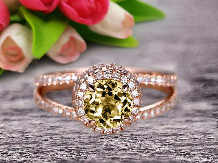 Unique Double Halo Design Round Cut 1.75 Carat Champagne Diamond Moissanite Engagement Ring Promise Ring for Bride Aniversary Ring On 10k Rose Gold Custom Made Glaring Jewelry