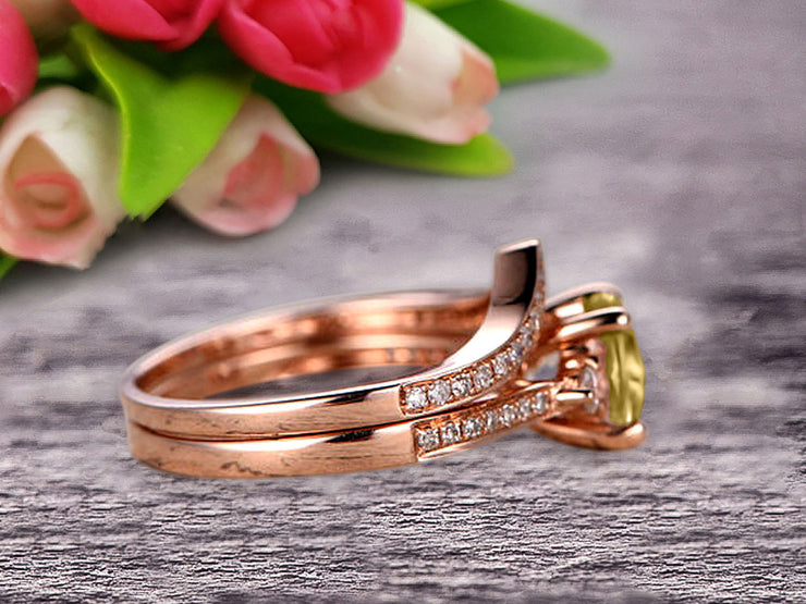 1.50 Carat Champagne Diamond Moissanite Engagement Ring 10k Rose Gold Wedding Set Anniversary Ring Promise Ring Surprisingly Gift for her Curved V-Shape Matching Wedding Band