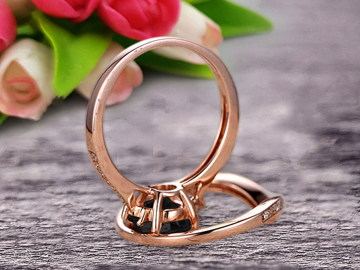 1.50 Carat Black Diamond Moissanite Engagement Ring 10k Rose Gold Wedding Set Anniversary Ring Promise Ring Surprisingly Gift for her Curved V-Shape Matching Wedding Band