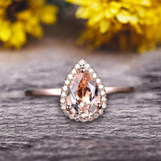 1.25 Carat Pear Shape Gemstone Pink Morganite Engagement Ring Handmade Solid 10k Rose Gold Promise Ring Anniversary Ring Halo Surprisingly Ring