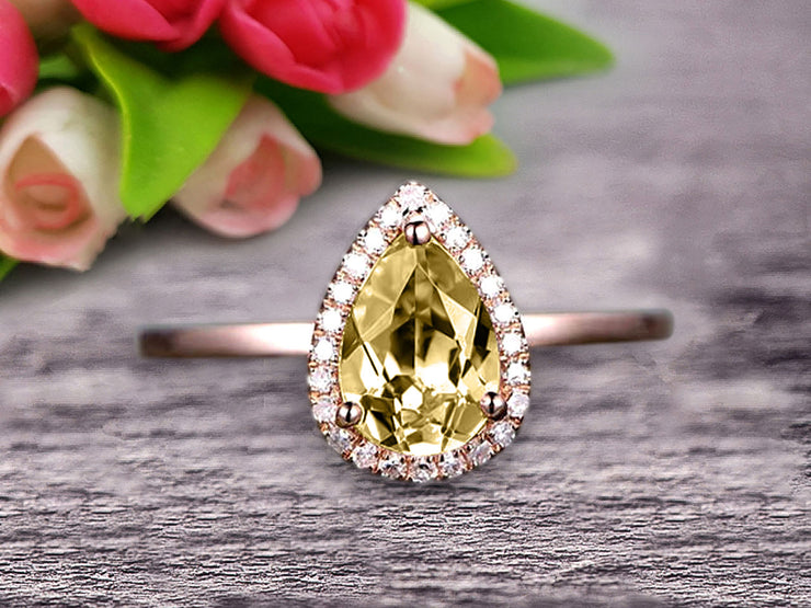 1.25 Carat Pear Shape Gemstone Champagne Diamond Moissanite Engagement Ring Handmade Solid 10k Rose Gold Promise Ring Anniversary Ring Halo Surprisingly Ring