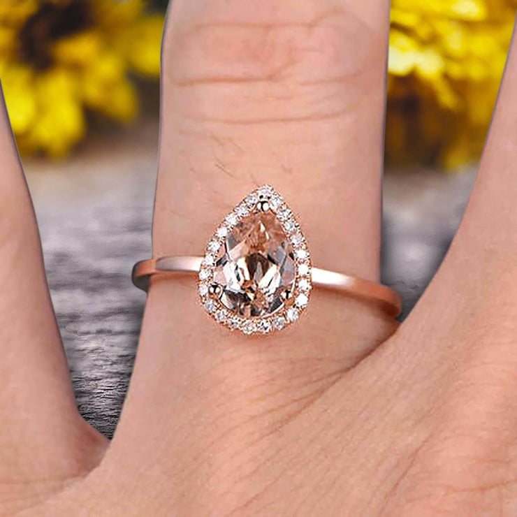 1.25 Carat Pear Shape Gemstone Pink Morganite Engagement Ring Handmade Solid 10k Rose Gold Promise Ring Anniversary Ring Halo Surprisingly Ring