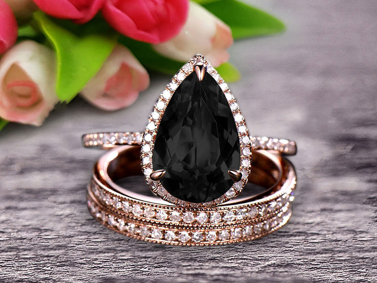 Milgrain Art Deco Trio Set 2 Carat Black Diamond Moissanite Engagement Ring On 10k Rose Gold Pear Shape Gemstone Halo Ring With Matching Band Surprisingly Ring