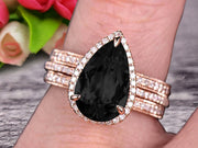 Milgrain Art Deco Trio Set 2 Carat Black Diamond Moissanite Engagement Ring On 10k Rose Gold Pear Shape Gemstone Halo Ring With Matching Band Surprisingly Ring