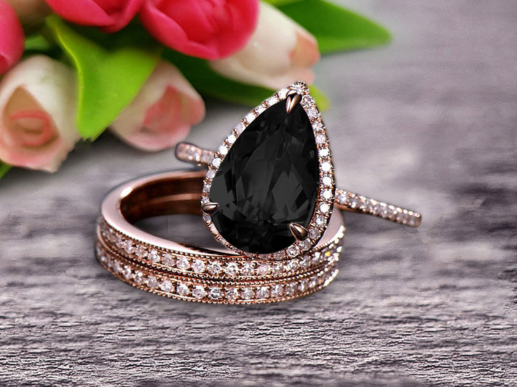 Milgrain Art Deco Trio Set 2 Carat Black Diamond Moissanite Engagement Ring On 10k Rose Gold Pear Shape Gemstone Halo Ring With Matching Band Surprisingly Ring