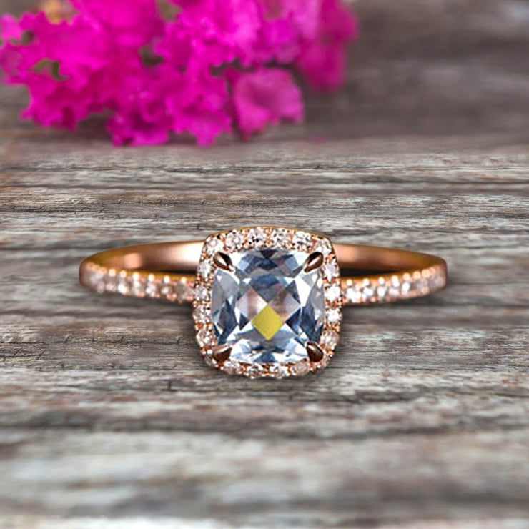 Cushion Cut 10k Rose Gold 1.5 Carat Aquamarine Engagement Ring 