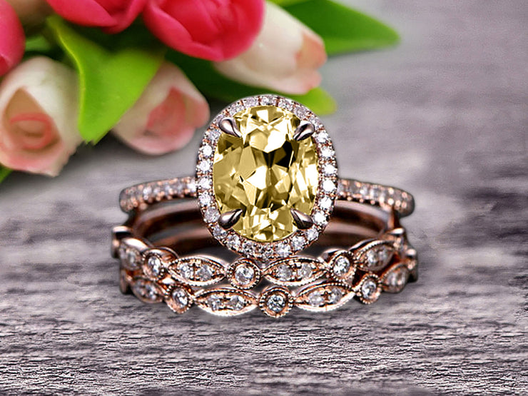 Milgrain Art Deco 2 Carat Champagne Diamond Moissanite Engagement Ring 10k Rose Gold Oval Cut Gemstone Promise Ring Trio Set Glaring Staggering Ring