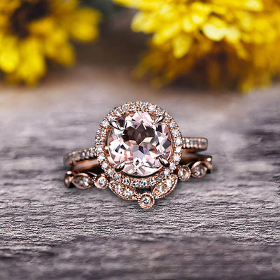 Milgrain Art Deco 2 Carat Round Cut Morganite Engagement Ring On 10k Rose Gold Promise Ring Bridal Ring Set Halo Anniversary Gift