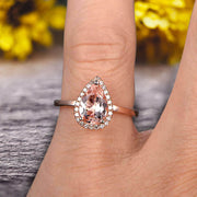 1.25 Carat Halo Pear Shape Morganite Engagement Ring Handmade Solid 10k Rose Gold Ring Solitaire Stacking Band Anniversary Ring