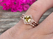 Champagne Diamond Moissanite Engagement Ring On Solid 14k Rose gold Cushion Cut 2 Carat Trio Set Anniversary Ring Vintage Looking Halo