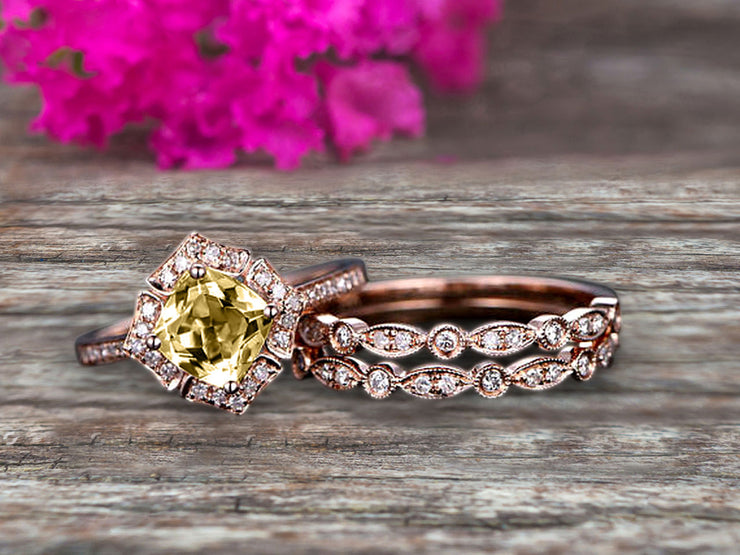 Champagne Diamond Moissanite Engagement Ring On Solid 14k Rose gold Cushion Cut 2 Carat Trio Set Anniversary Ring Vintage Looking Halo