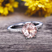 Round Morganite 1.5 Carat Engagement Ring Solid 10k Rose Gold Wedding Ring basket underneath Halo Pink Gemstone Promise Ring for Bride
