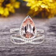 Bridal Set Tear Droped Morganite Engagement Ring 1.75 Carat Pear Shape Gemstone Wedding Set Anniversary Ring On 10k White Gold Shining Jewelry With Matching Band