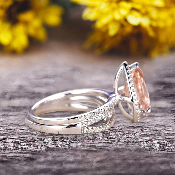 Bridal Set Tear Droped Morganite Engagement Ring 1.75 Carat Pear Shape Gemstone Wedding Set Anniversary Ring On 10k White Gold Shining Jewelry With Matching Band