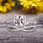 Bridal Set 1.75 Carat Cushion Morganite Engagement Ring Set Wedding Ring Solid 10k White Gold Promise Ring for Bride Loop Curved Matching Band Halo Ring