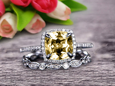 1.75 Carat Cushion Cut Vintage Looking Champagne Diamond Moissanite Engagement Ring with Wedding Band on 10k White Gold 