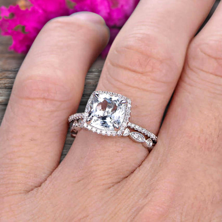 1.75 Carat Cushion Cut Vintage Looking Natural Aquamarine Engagement Ring with Wedding Band on 10k White Gold 