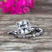 1.75 Carat Cushion Cut Vintage Looking Natural Aquamarine Engagement Ring with Wedding Band on 10k White Gold 