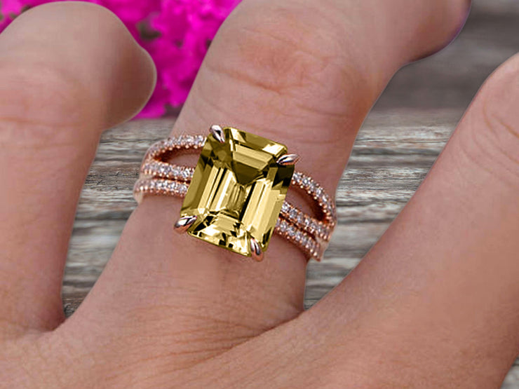 1.50 Carat Emerald Cut Champagne Diamond Moissanite Engagement Ring 10k Rose Gold Promise Ring for Bride or Anniversary Gift Startling Jewelry Twisted Across Matching Band 