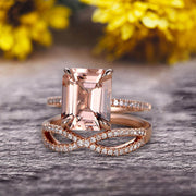 1.50 Carat Emerald Cut Pink Morganite Engagement Ring 10k Rose Gold Promise Ring for Bride or Anniversary Gift Startling Jewelry Twisted Across Matching Band 