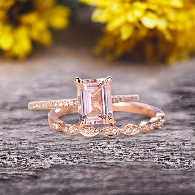 Emerald Cut 1.50 Carat Morganite Engagement Ring On 10k Rose Gold Wedding Set Bridal Set Art Deco Gift For Her