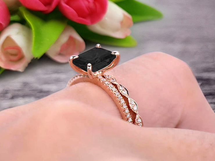 Emerald Cut 1.50 Carat Black Diamond Moissanite Engagement Ring On 10k Rose Gold Wedding Set Bridal Set Art Deco Gift For Her