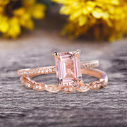 Emerald Cut 1.50 Carat Morganite Engagement Ring On 10k Rose Gold Wedding Set Bridal Set Art Deco Gift For Her