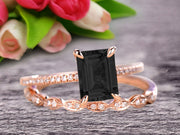 Emerald Cut 1.50 Carat Black Diamond Moissanite Engagement Ring On 10k Rose Gold Wedding Set Bridal Set Art Deco Gift For Her