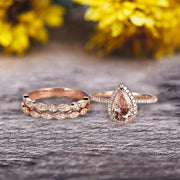 Milgrain Art Deco Pear Shape Morganite Engagement Ring Set 2 Carat Weight Trio Set Stacking Matching Wedding Band Solid 10k Rose Gold Anniversary Ring