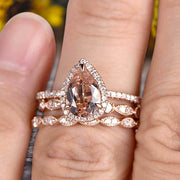 Milgrain Art Deco Pear Shape Morganite Engagement Ring Set 2 Carat Weight Trio Set Stacking Matching Wedding Band Solid 10k Rose Gold Anniversary Ring