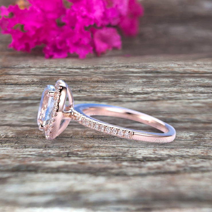 1.50 Carat Oval Cut Aquamarine Halo Engagement Ring on 10k Rose Gold 