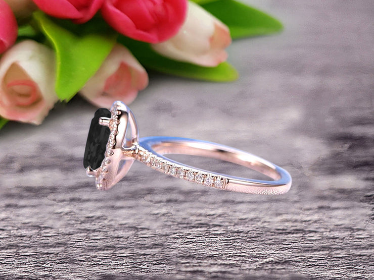 1.50 Carat Oval Cut Black Diamond Moissanite Halo Engagement Ring on 10k Rose Gold 