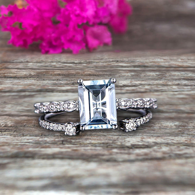 1.50 Carat Emerald Cut 10k White Gold Natural Aquamarine Engagement Ring Bridal Set