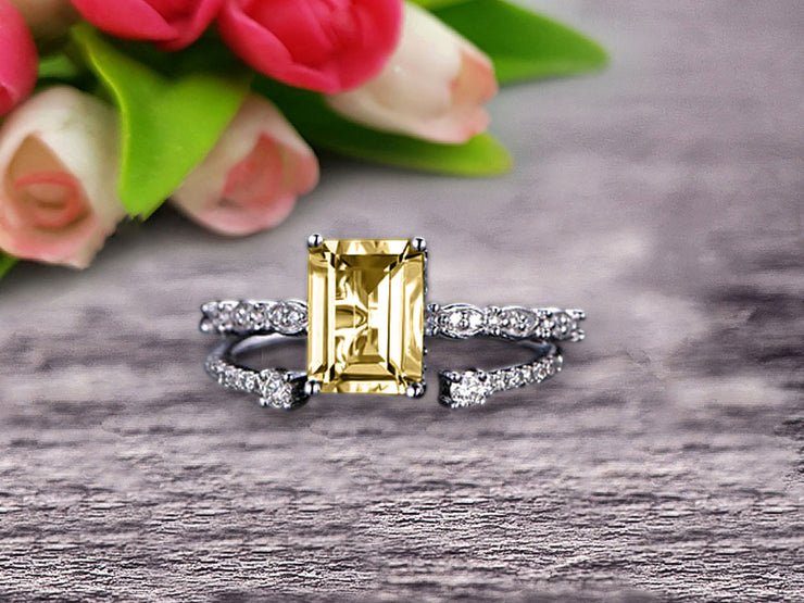 1.50 Carat Emerald Cut 10k White Gold Champagne Diamond Moissanite Engagement Ring Bridal Set