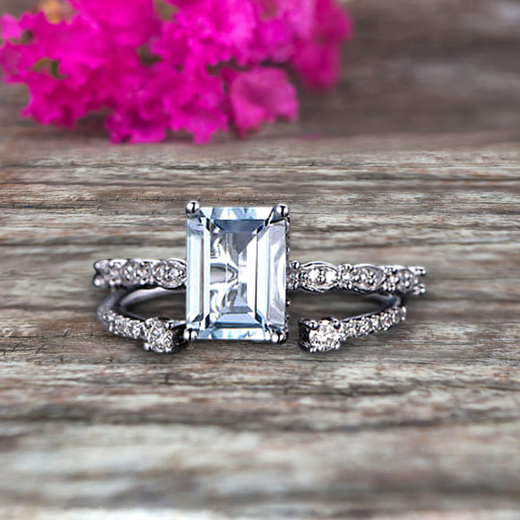 1.50 Carat Emerald Cut 10k White Gold Natural Aquamarine Engagement Ring Bridal Set