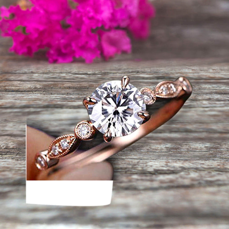 Moissanite Diamond Engagement ring Classic Vintage Style 1.25 Carat Art Deco ring on 10k Rose Gold