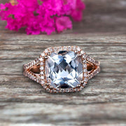 Cushion Cut Shank Promise Ring 1.50 Carat Blue Aquamarine Engagement Ring Anniversary Gift On 10k Rose Gold Art Deco Halo Design